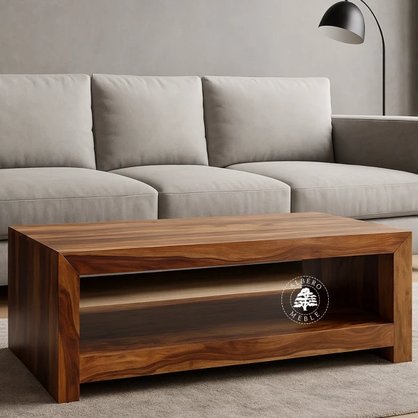 Prosty drewniany stolik kawowy z dolną półką