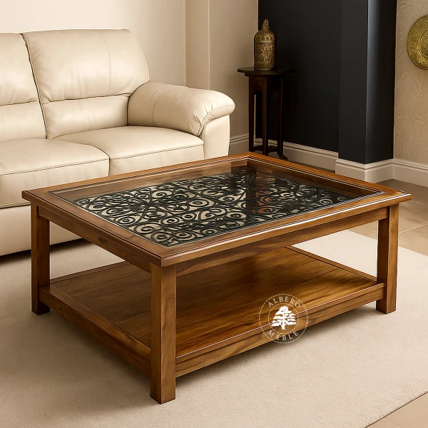 Indyjska drewniana ława Orient do salonu zdobiona kutym met