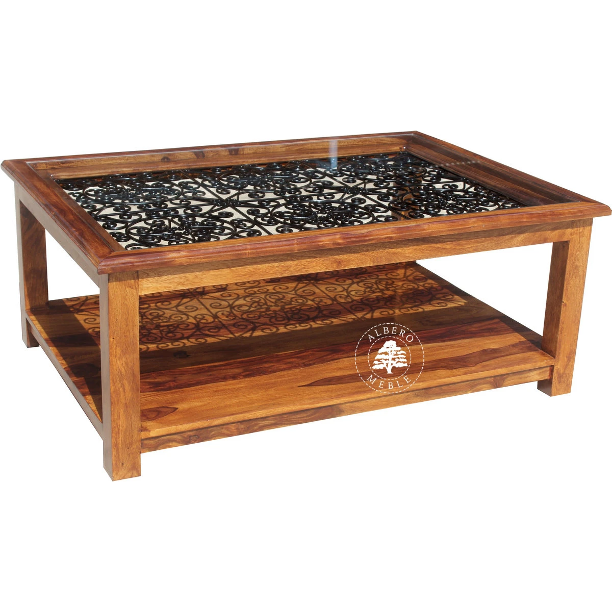 Indyjska drewniana ława Orient do salonu zdobiona kutym met