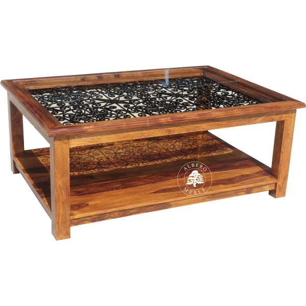 Indyjska drewniana ława Orient do salonu zdobiona kutym met