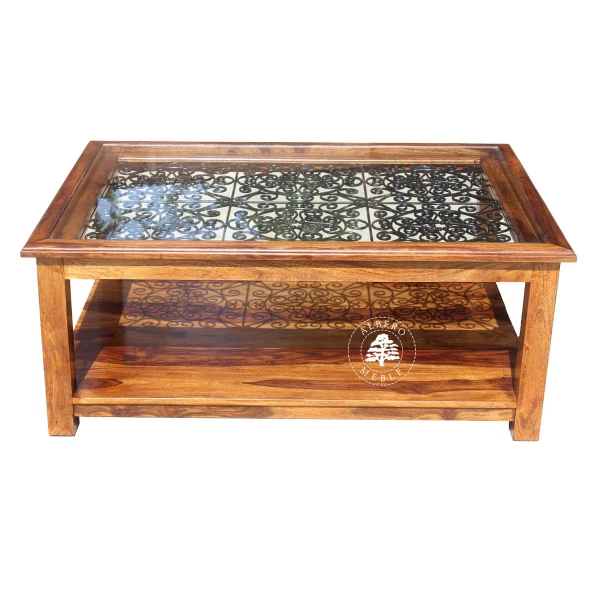 Indyjska drewniana ława Orient do salonu zdobiona kutym met