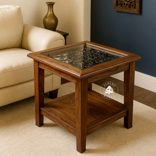 Indyjski drewniany stolik kawowy zdobiony metalem