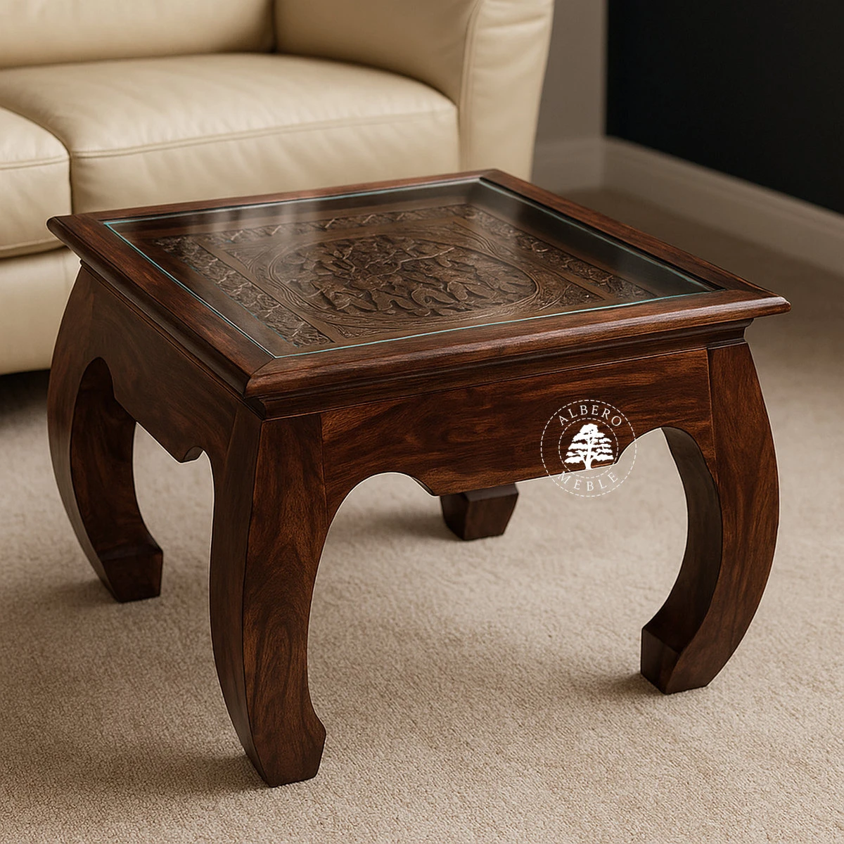 Ława kawowa drewniana ręcznie rzeźbiona Orissa