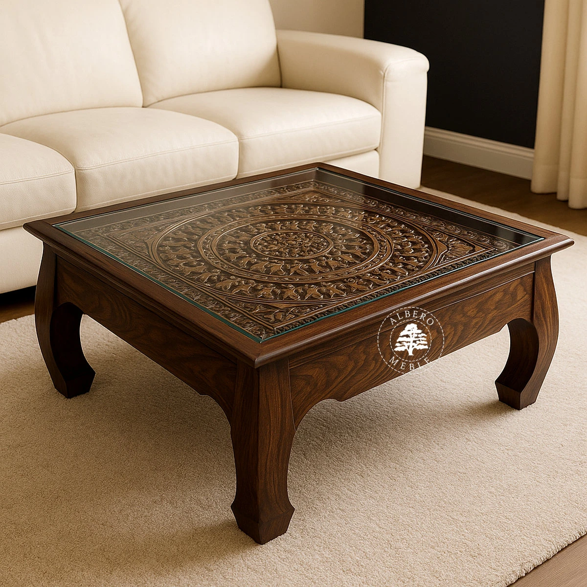 Unikatowa ława z drewna litego z ręcznie rzeźbionym blate