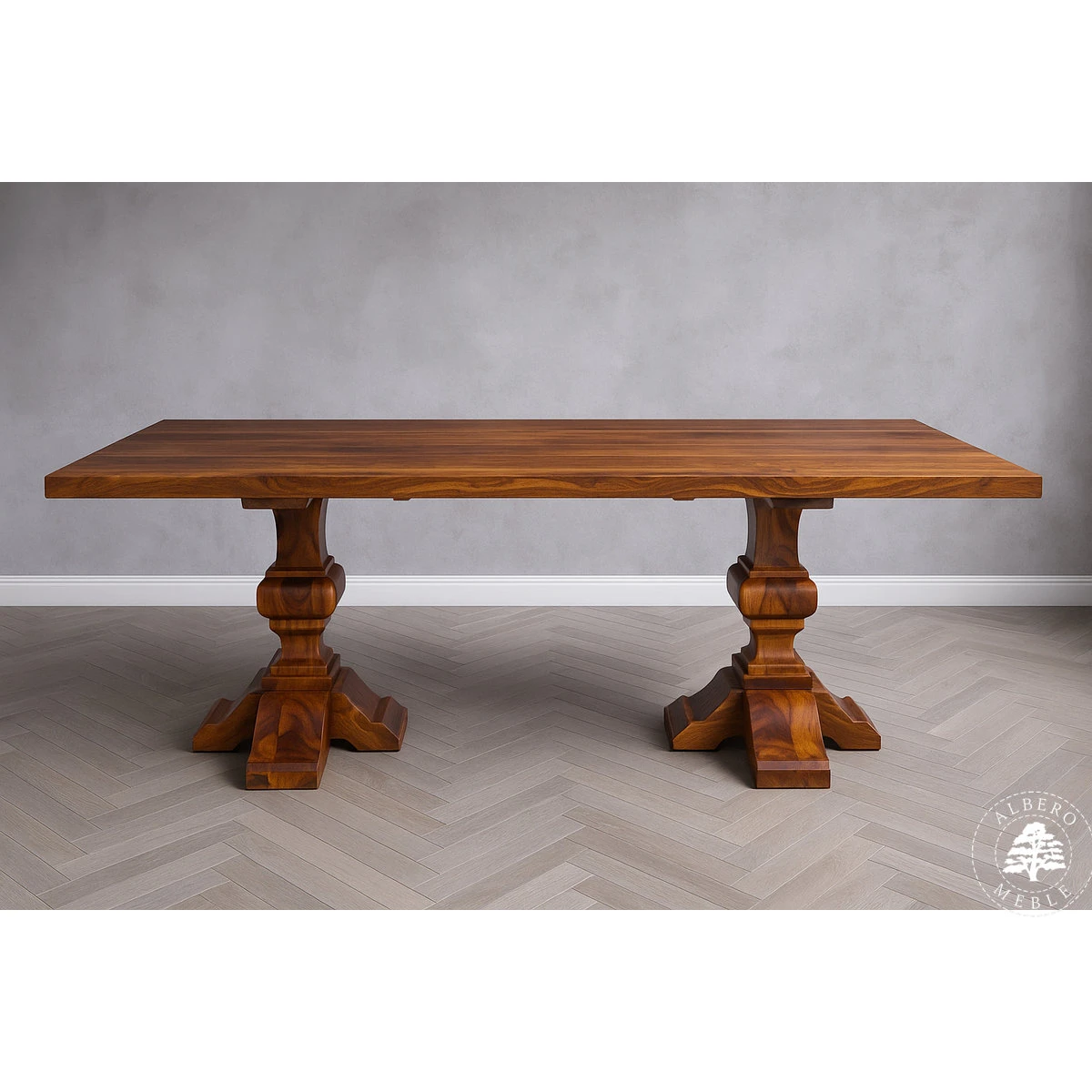 Stylowy stół z litego drewna na dwóch nogach