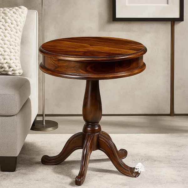 Okrągły stolik kawowy na klasycznej drewnianej nodze