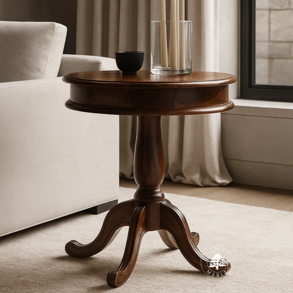 Okrągły stolik kawowy na klasycznej drewnianej nodze
