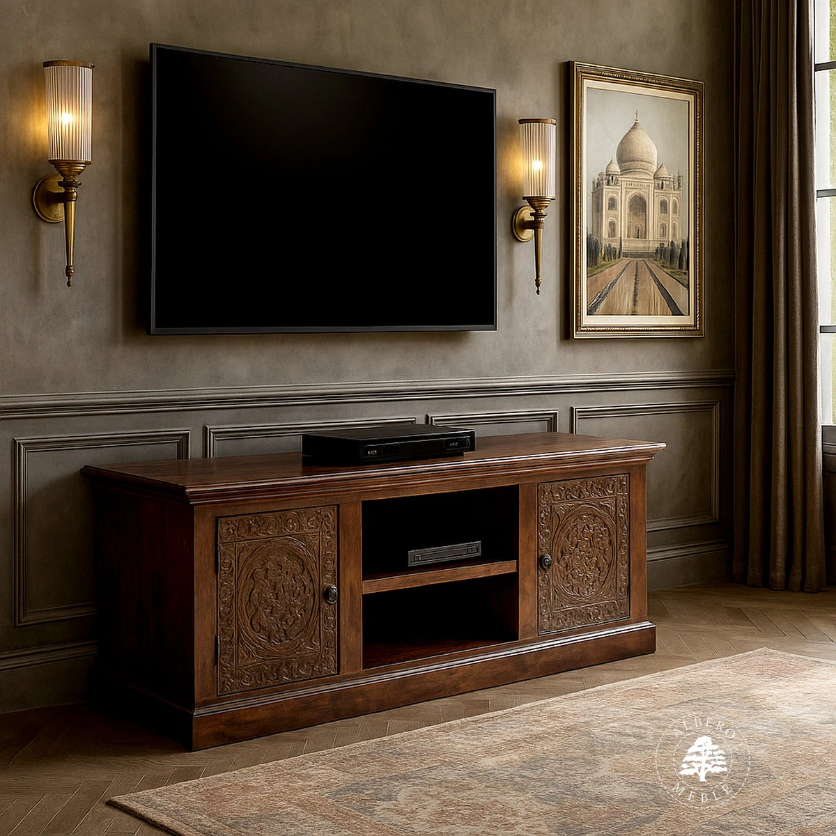 Unikatowa komoda drewniana na RTV ręcznie rzeźbiona