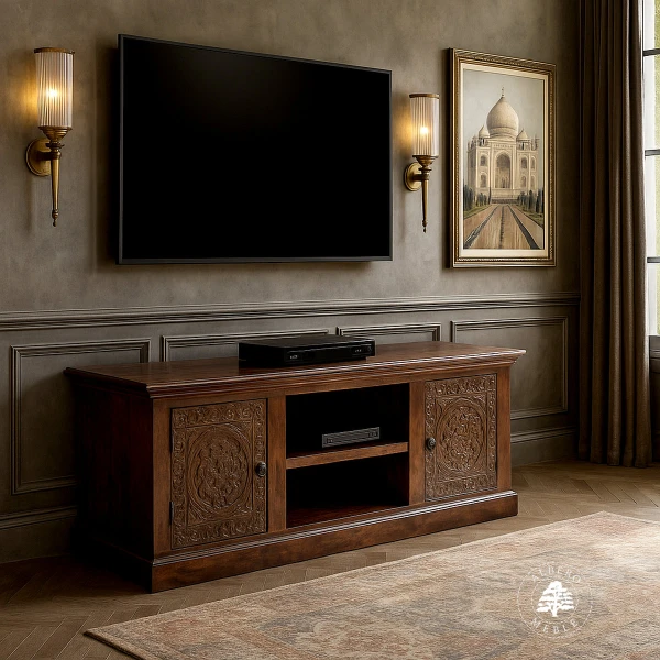 Unikatowa komoda drewniana na RTV ręcznie rzeźbiona