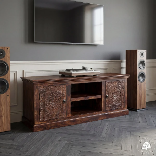 Unikatowa komoda drewniana na RTV ręcznie rzeźbiona