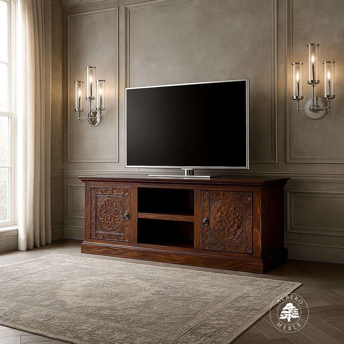 Unikatowa komoda drewniana na RTV ręcznie rzeźbiona