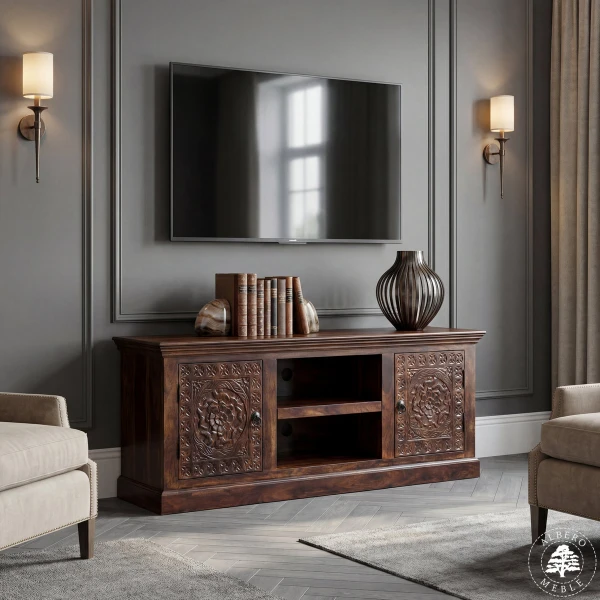 Unikatowa komoda drewniana na RTV ręcznie rzeźbiona