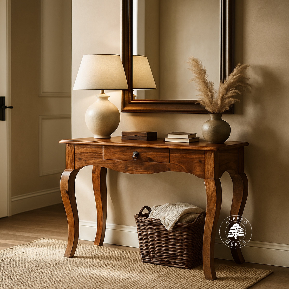 Kolonialna konsola z drewna litego palisander z ozdobnym gzy