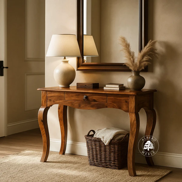 Kolonialna konsola z drewna litego palisander z ozdobnym gzy