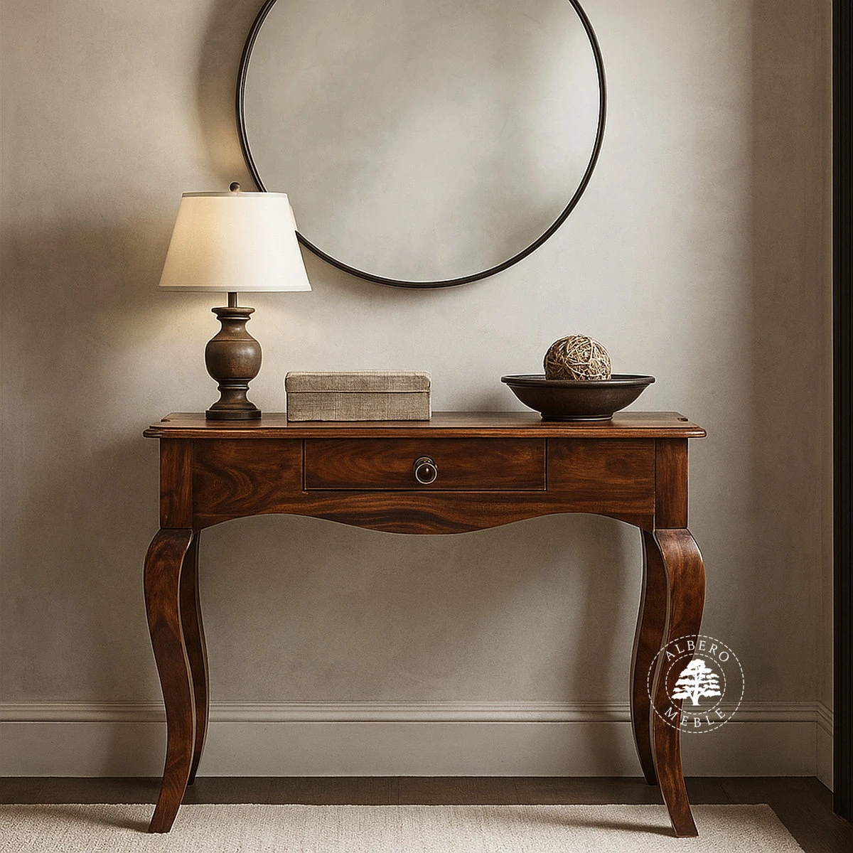 Kolonialna konsola z drewna litego palisander z ozdobnym gzy