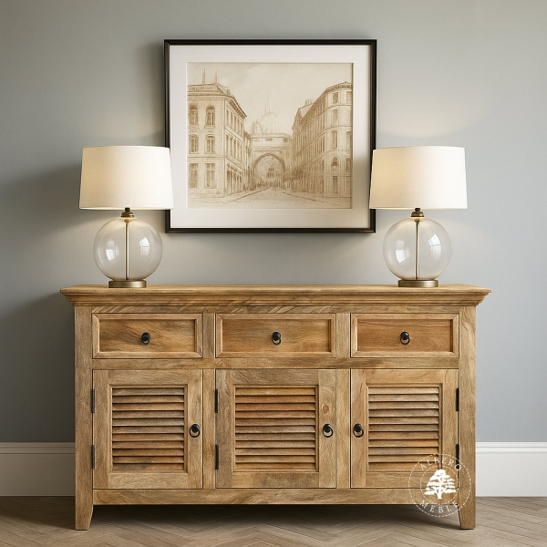 Jasna komoda z drewna mango z żaluzjowymi drzwiami