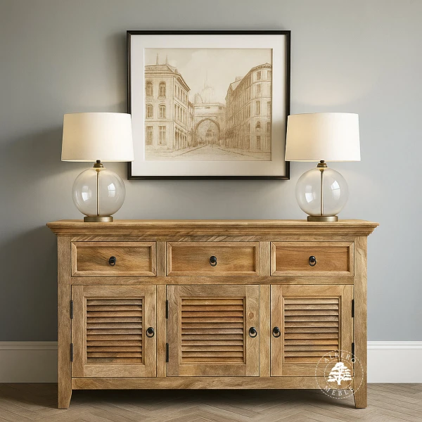 Jasna komoda z drewna mango z żaluzjowymi drzwiami