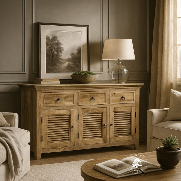 Jasna komoda z drewna mango z żaluzjowymi drzwiami