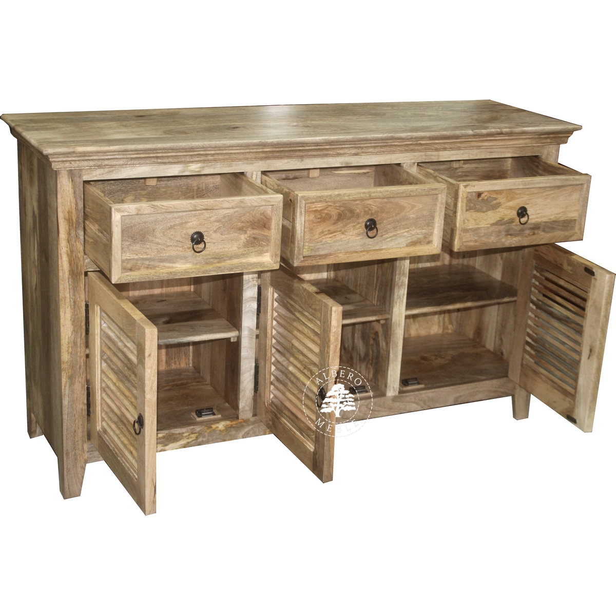 Jasna komoda z drewna mango z żaluzjowymi drzwiami