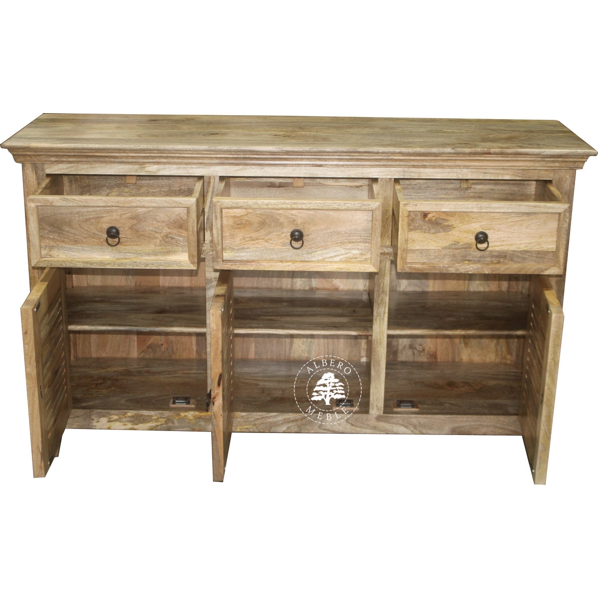 Jasna komoda z drewna mango z żaluzjowymi drzwiami