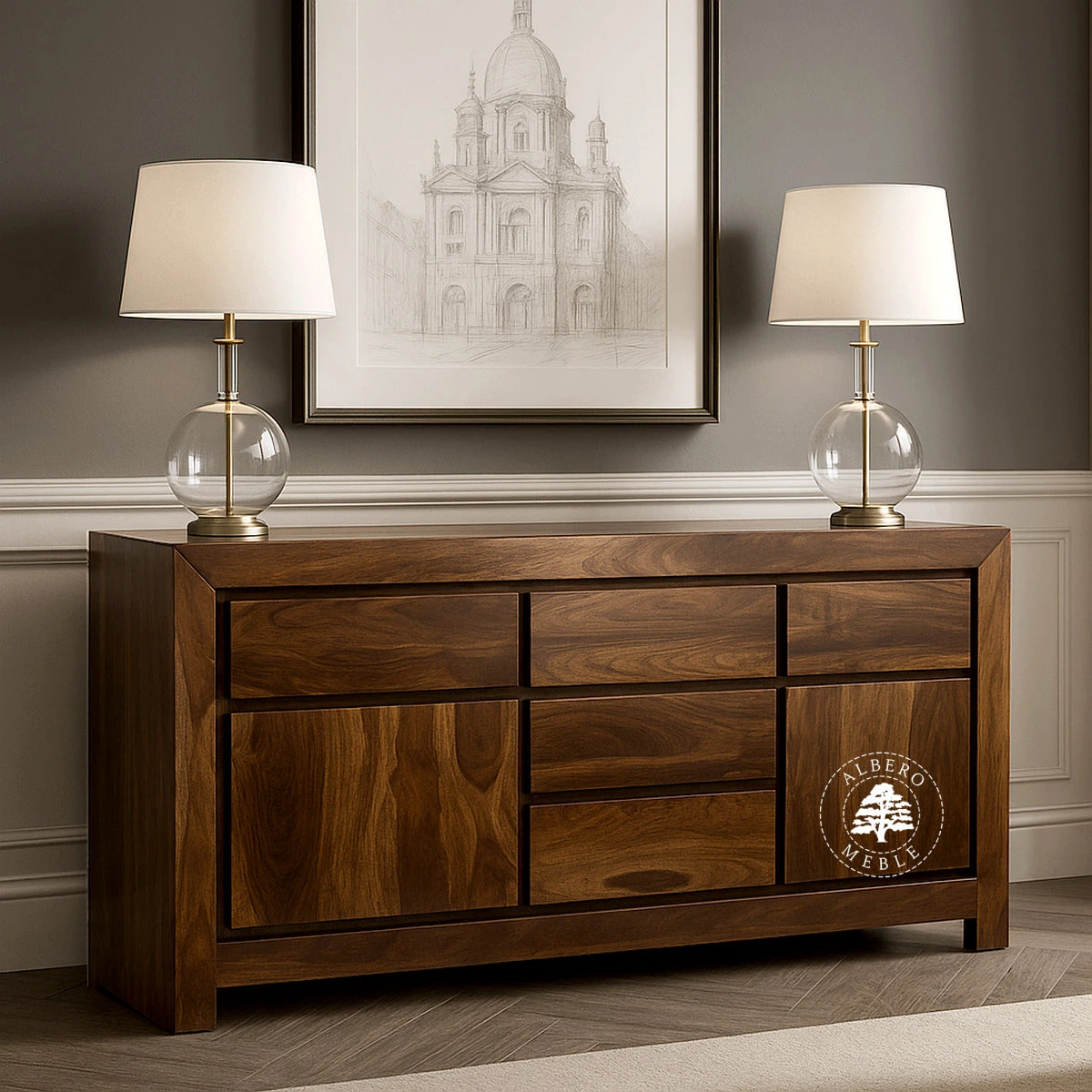 Duża komoda drewniana z czterema szufladami Goa