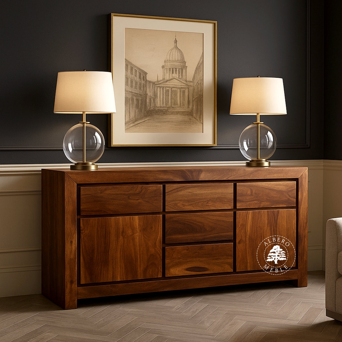 Duża komoda drewniana z czterema szufladami Goa