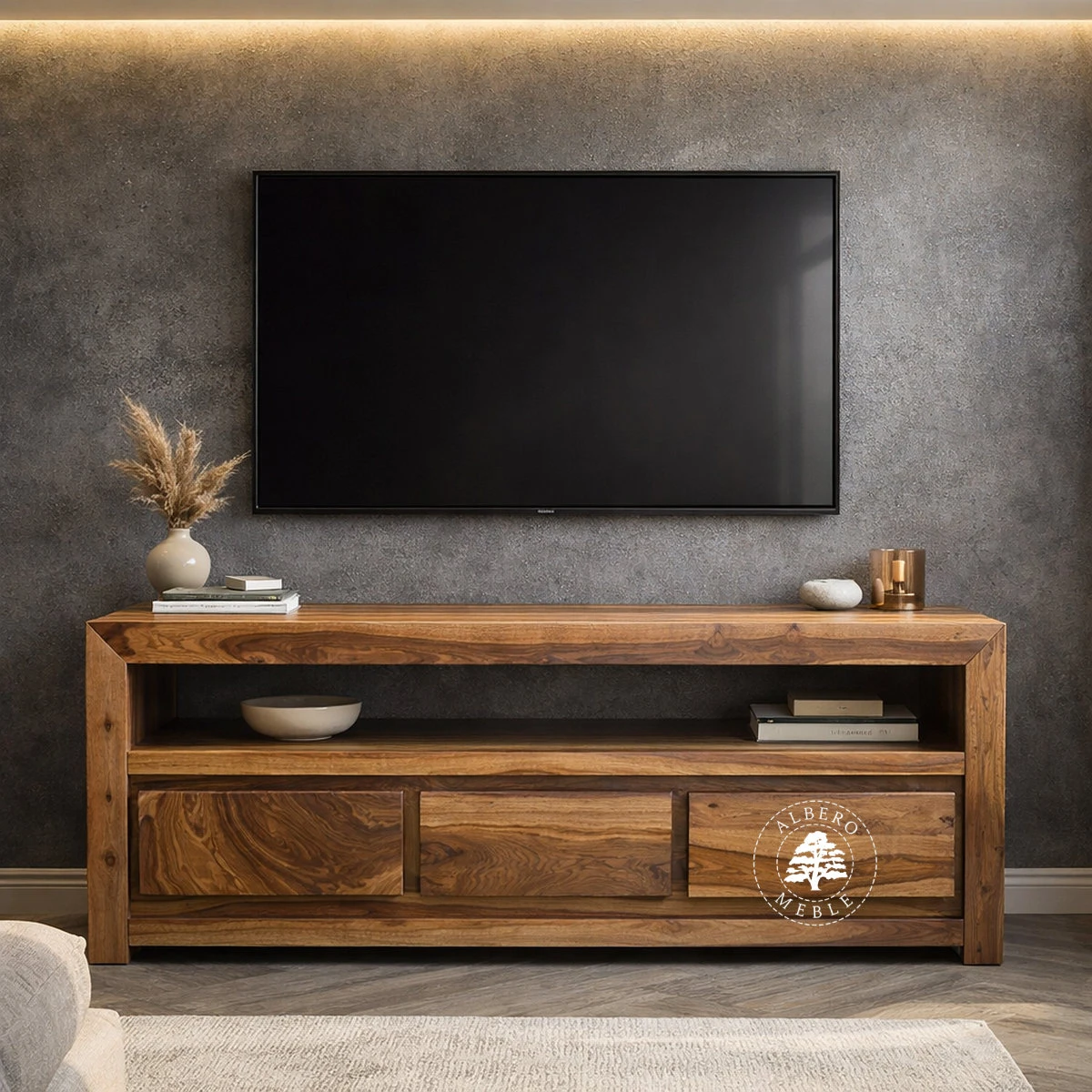 Prosta i nowoczesna szafka RTV z drzewa palisander