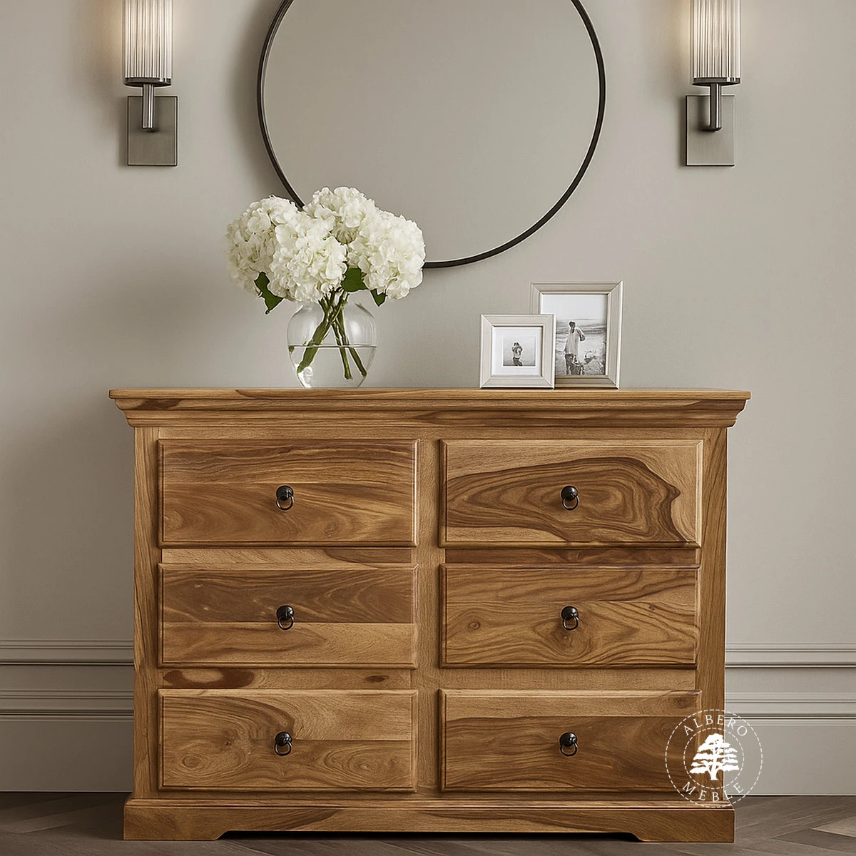 Pojemna klasyczna komoda drewniana z 6 szufladami