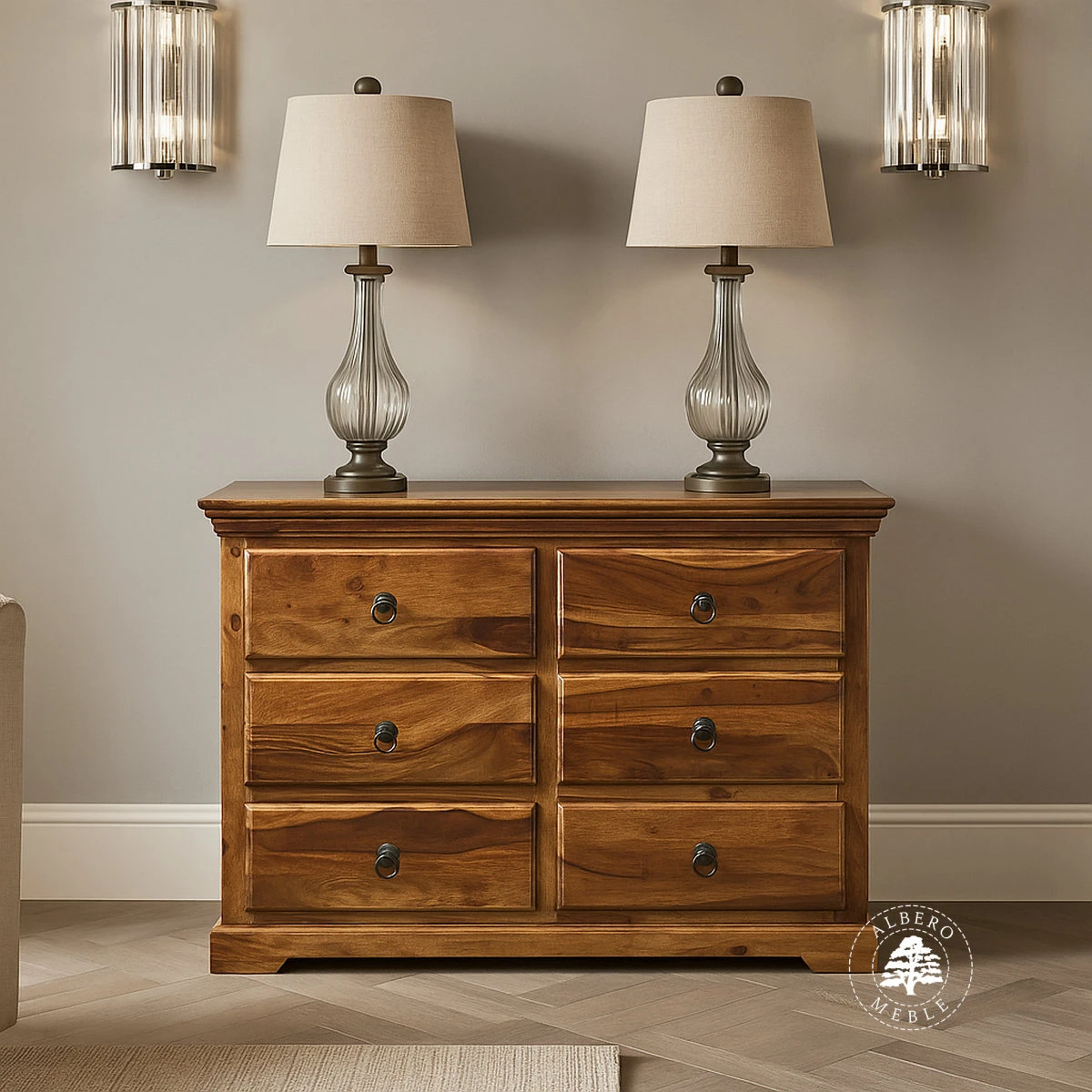 Pojemna klasyczna komoda drewniana z 6 szufladami