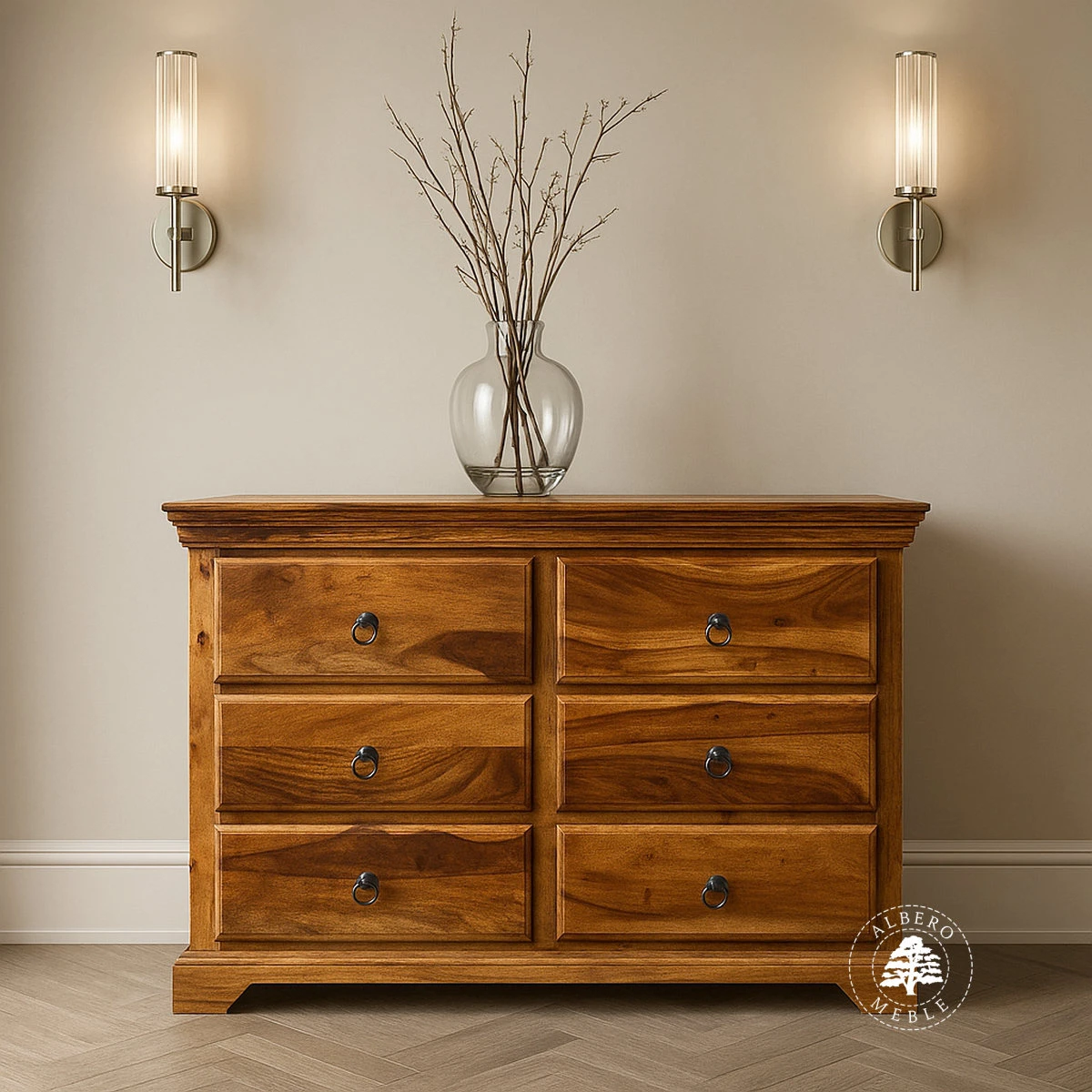 Pojemna klasyczna komoda drewniana z 6 szufladami