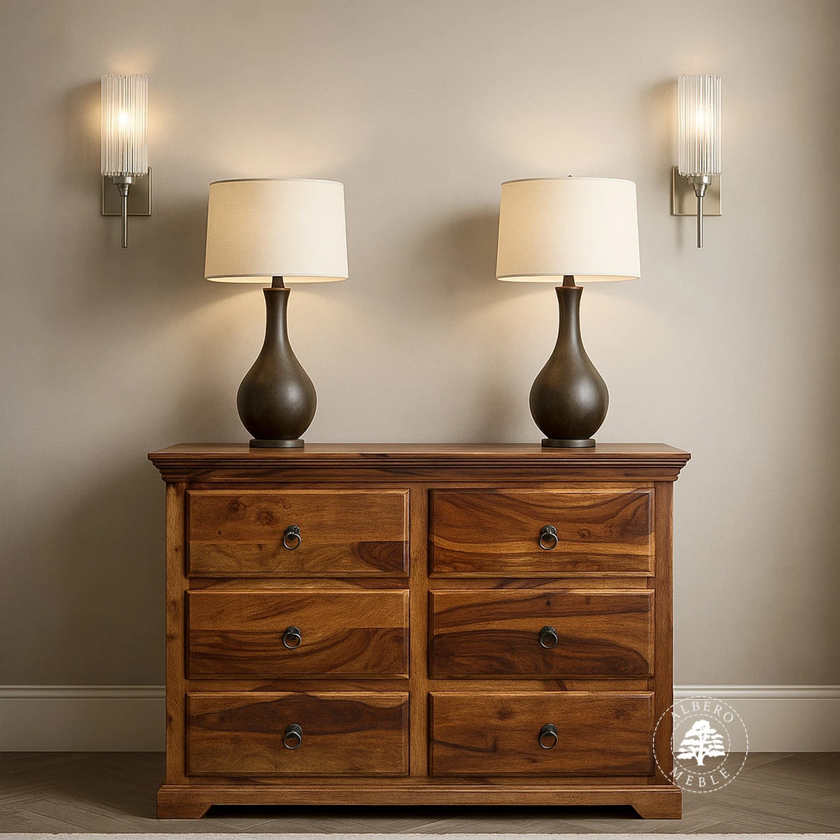 Pojemna klasyczna komoda drewniana z 6 szufladami