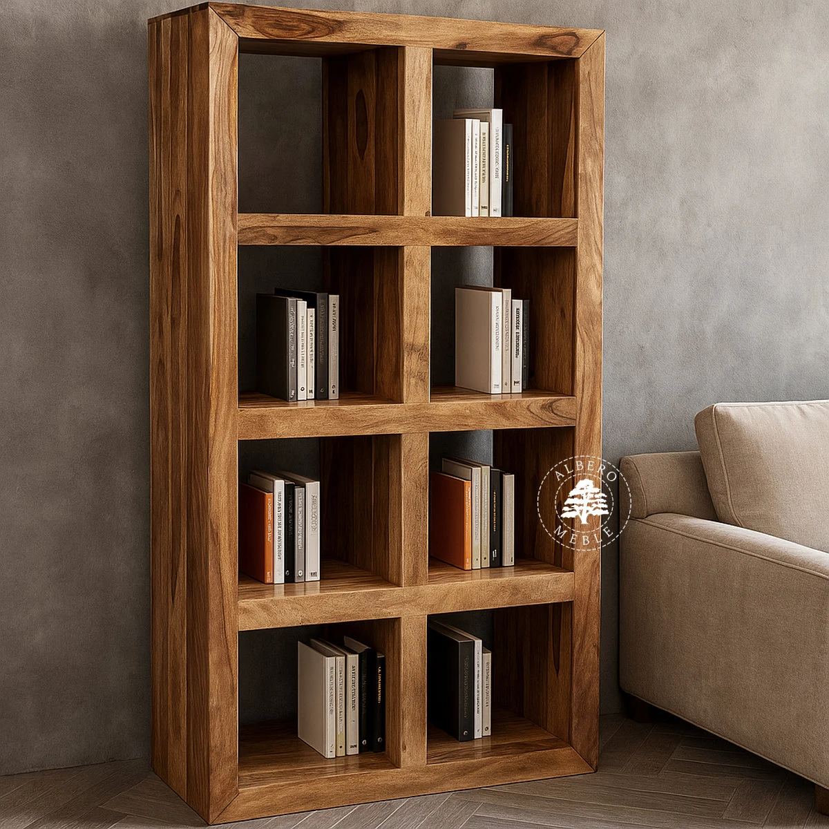 Otwarty regał z drewna z wieloma półkami Modern Cube