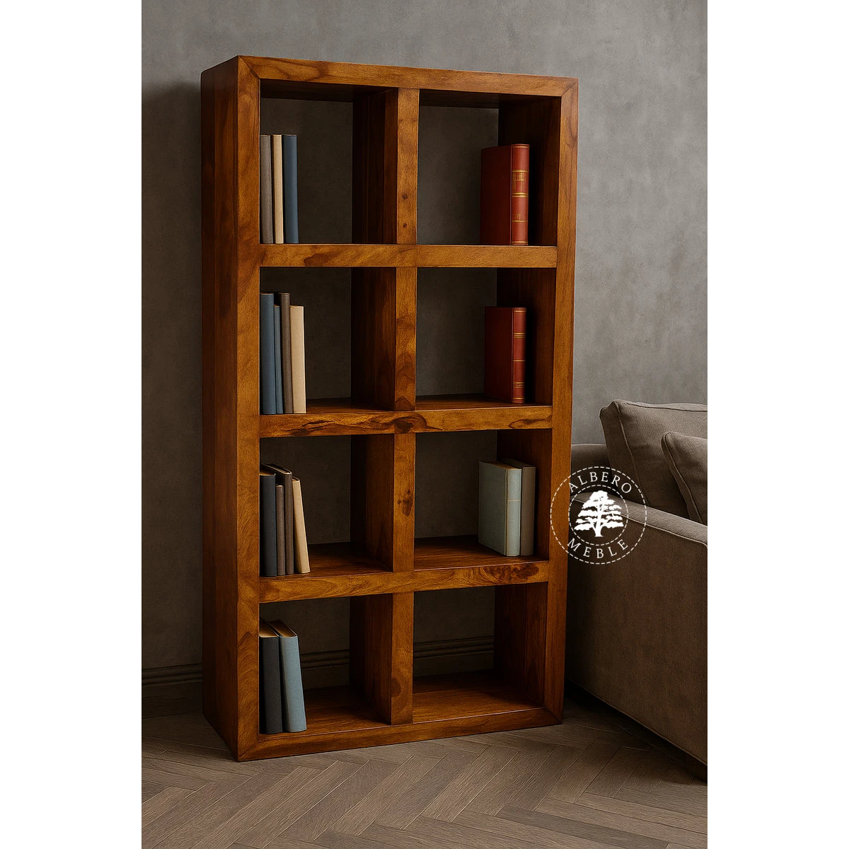 Otwarty regał z drewna z wieloma półkami Modern Cube