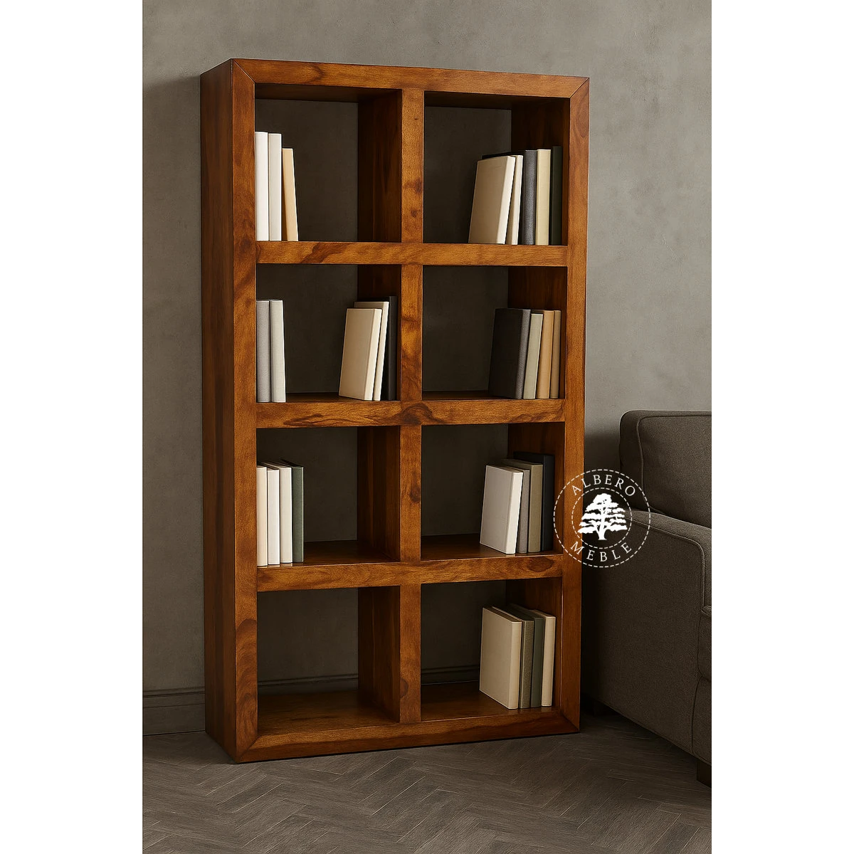 Otwarty regał z drewna z wieloma półkami Modern Cube