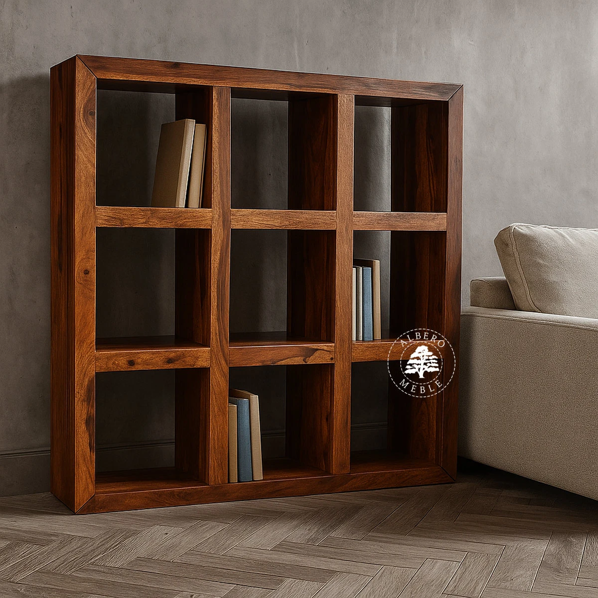 Regał drewniany wykonany z egzotycznego drewna palisandrowe