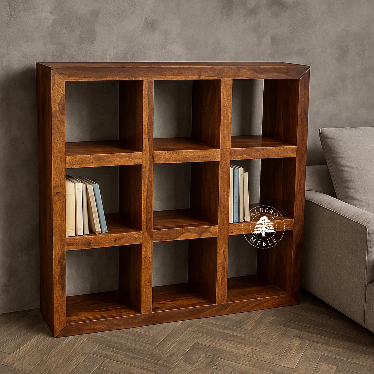 Regał drewniany wykonany z egzotycznego drewna palisandrowe