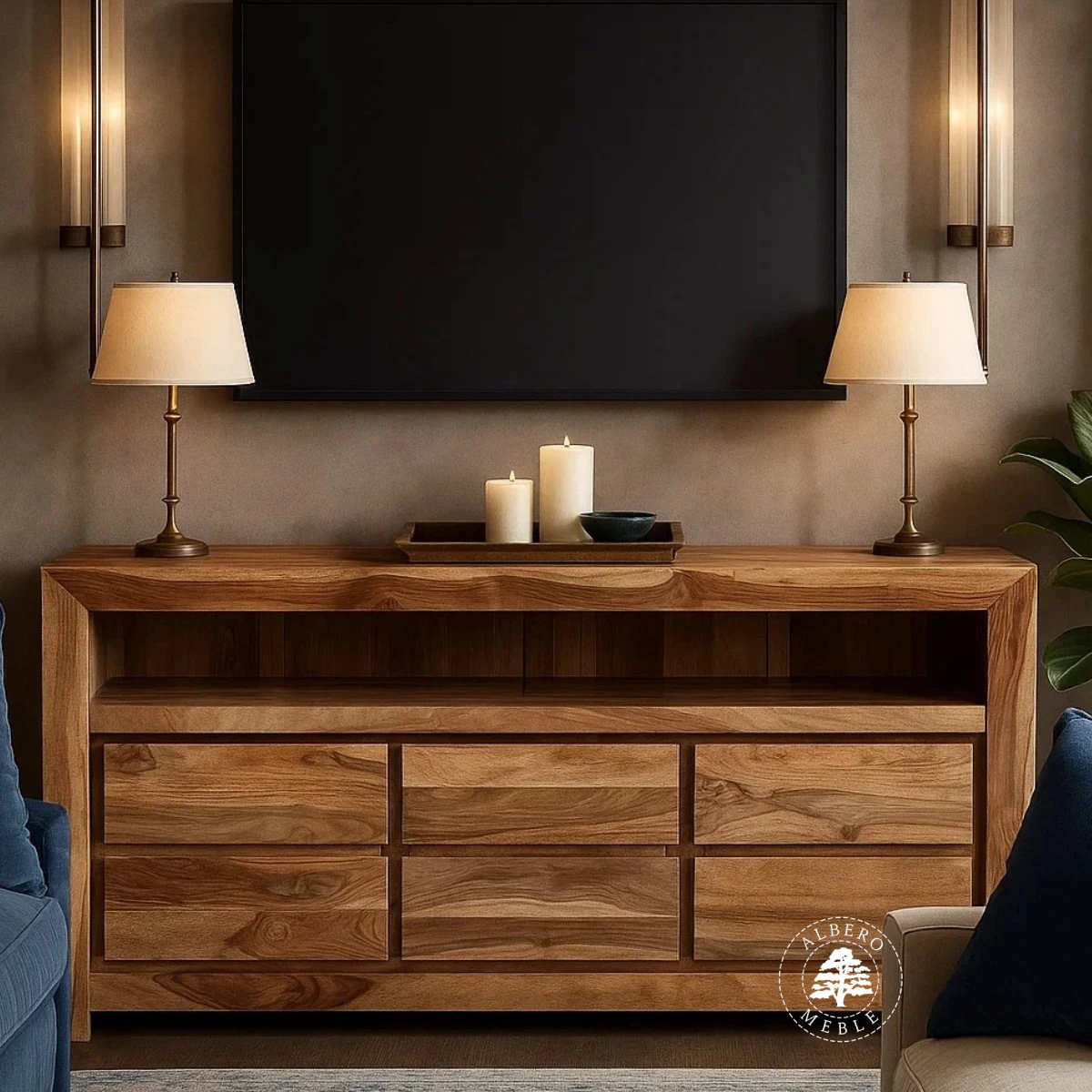 Drewniana komoda telewizyjna z szufladami z palisandru