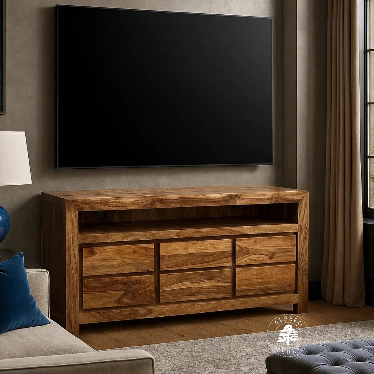 Drewniana komoda telewizyjna z szufladami z palisandru
