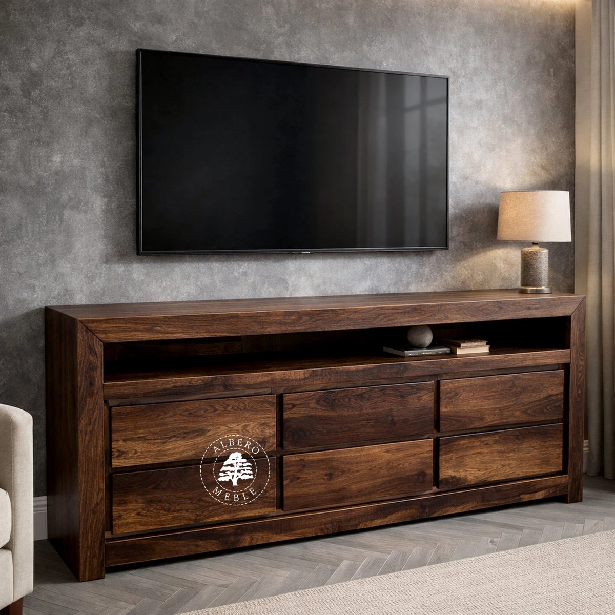 Drewniana komoda telewizyjna z szufladami z palisandru