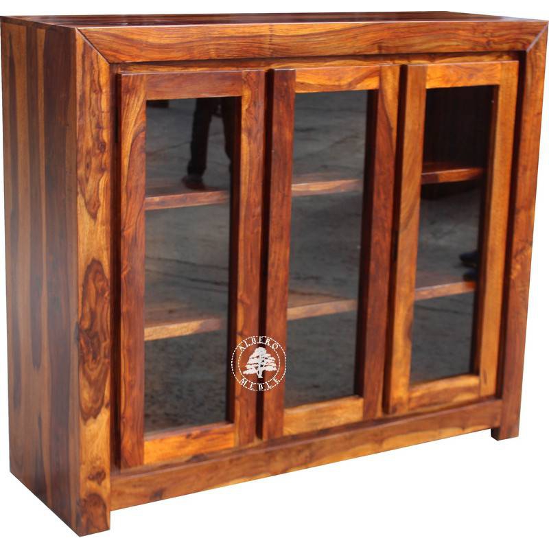 Trzydrzwiowa witryna drewniana z szklanymi drzwiami - Drewno Palisander - brąz 