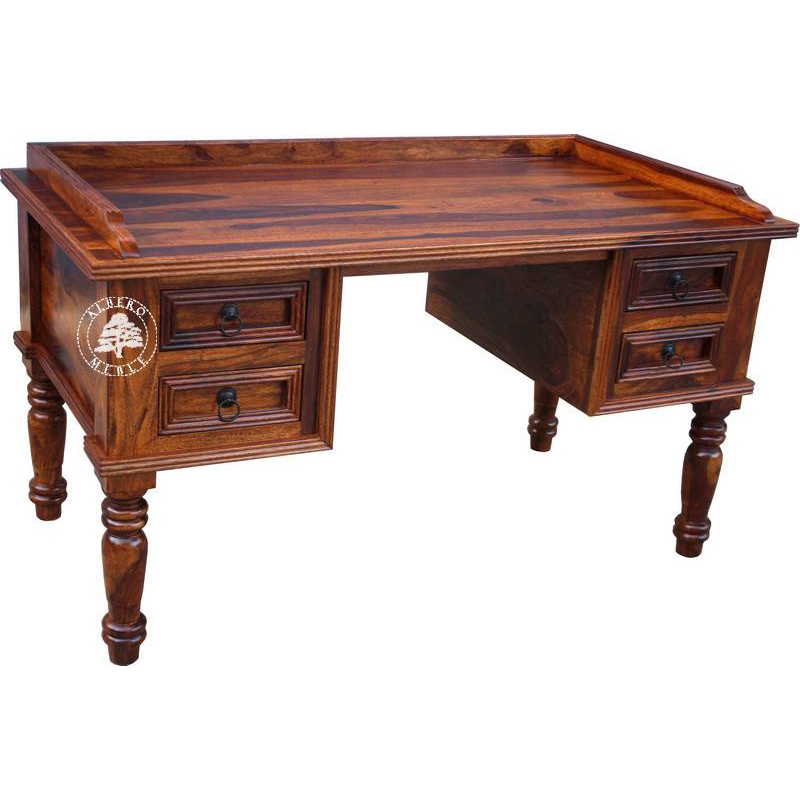 Stylowe biurko drewniane z drewna litego palisander na toczonych ozdobnych nogach - Drewno Palisander - brąz 