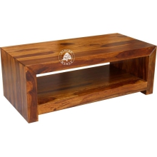 Prosty drewniany stolik kawowy z dolną półką - Drewno Palisander - brąz 